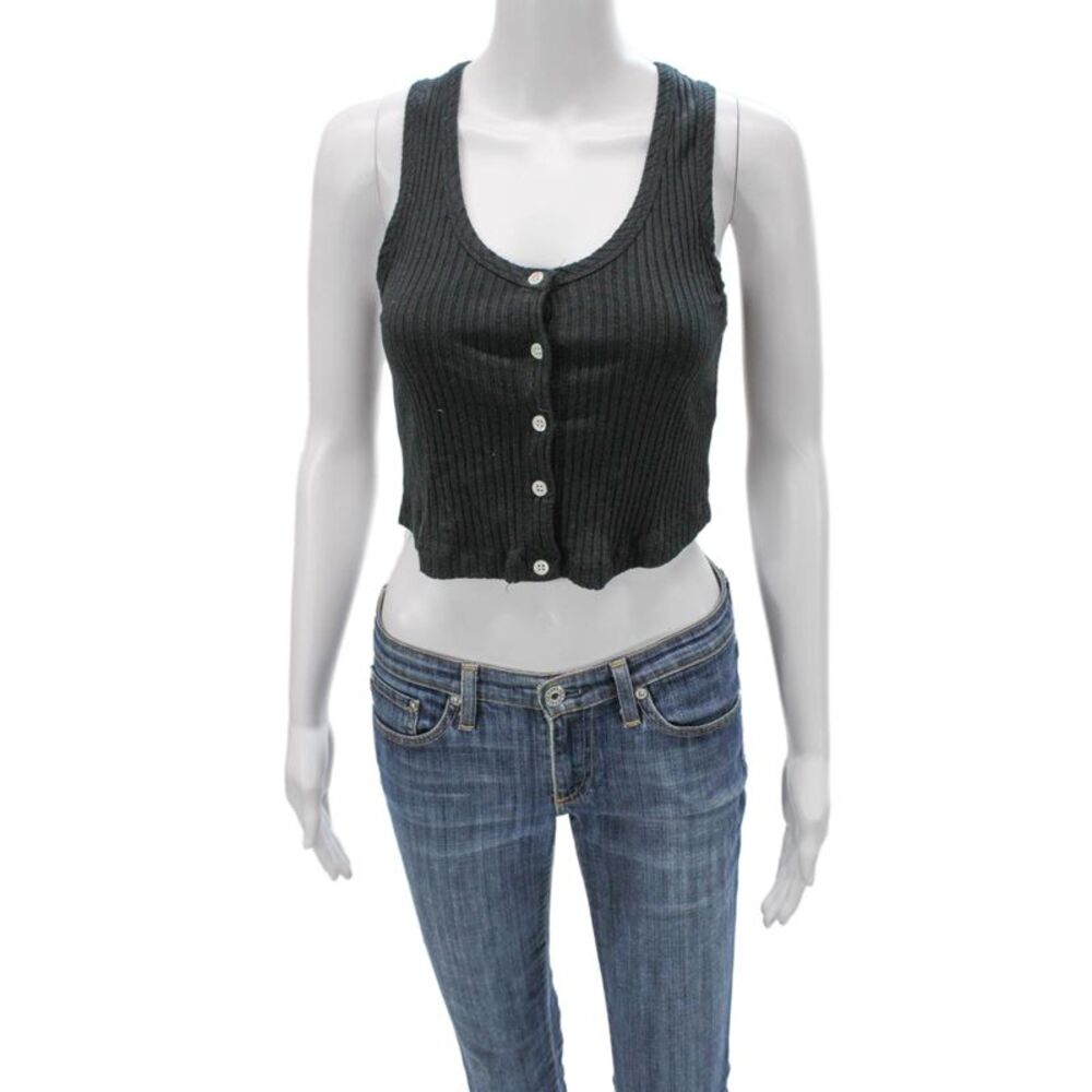 3x1 NYC Women Cropped Striped Modal Tank Scoop Neck Black Size XS